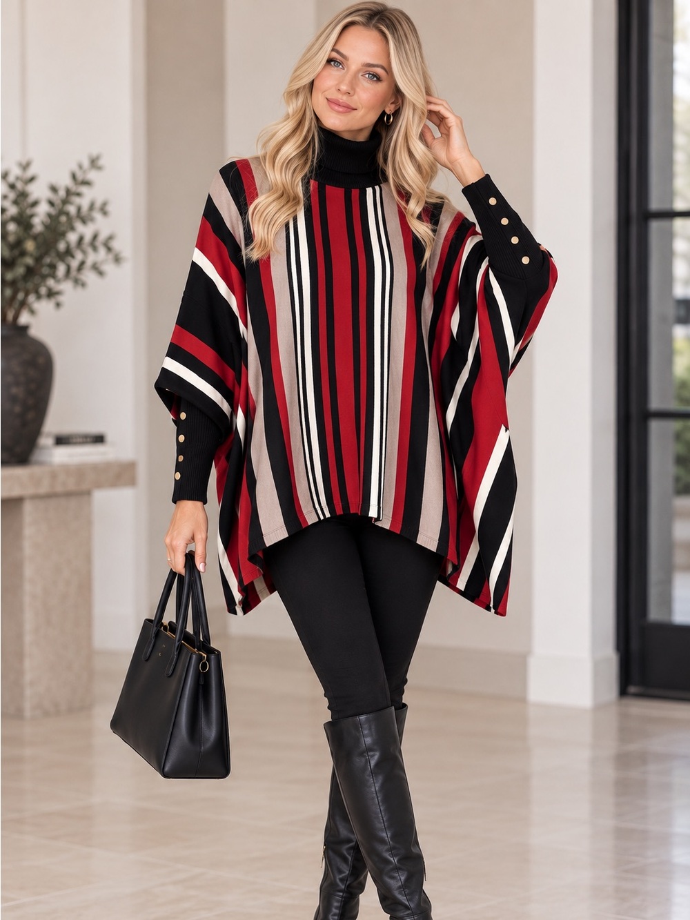 Joseph A Striped Red Black Cream Turtleneck Poncho Sweater